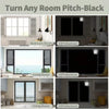 Various rooms shown with blackout window curtains demonstrating light blocking and privacy.