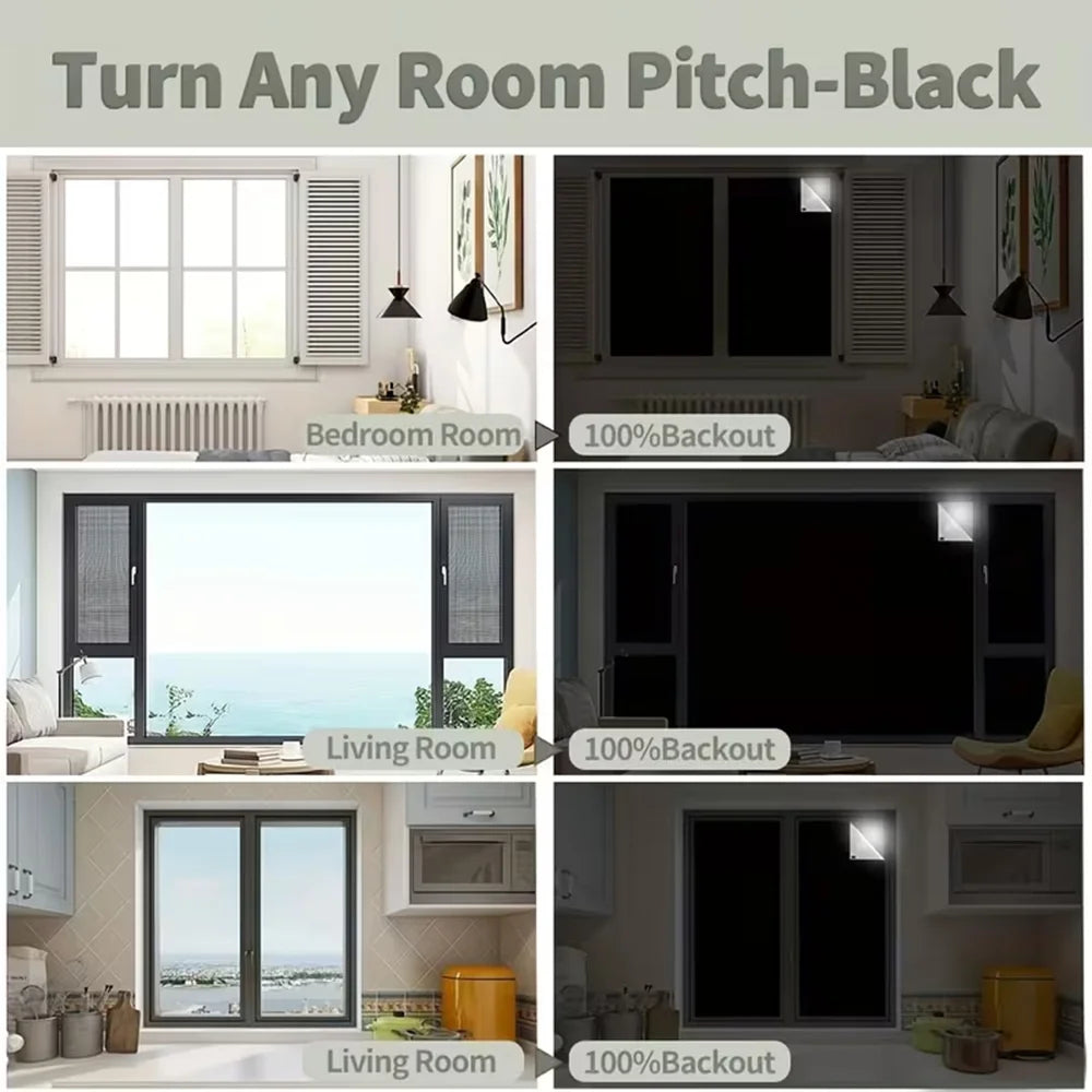 Various rooms shown with blackout window curtains demonstrating light blocking and privacy.