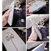 Close-up photos of a silver glitter flatback phone case decorated with rhinestones and various accessories.
