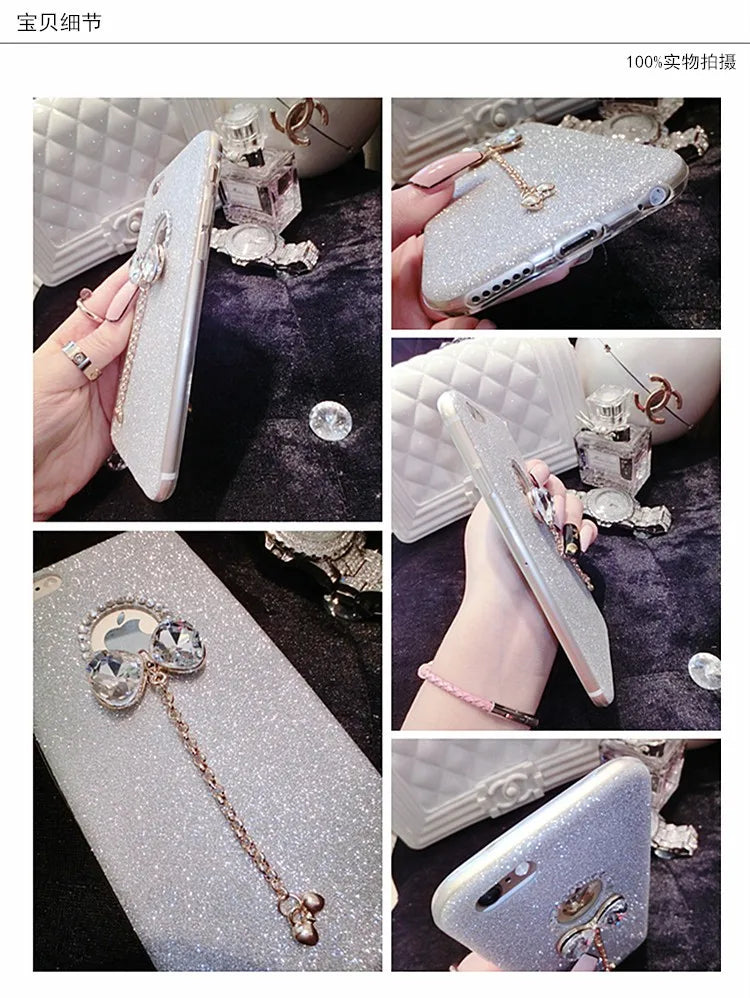 Close-up photos of a silver glitter flatback phone case decorated with rhinestones and various accessories.