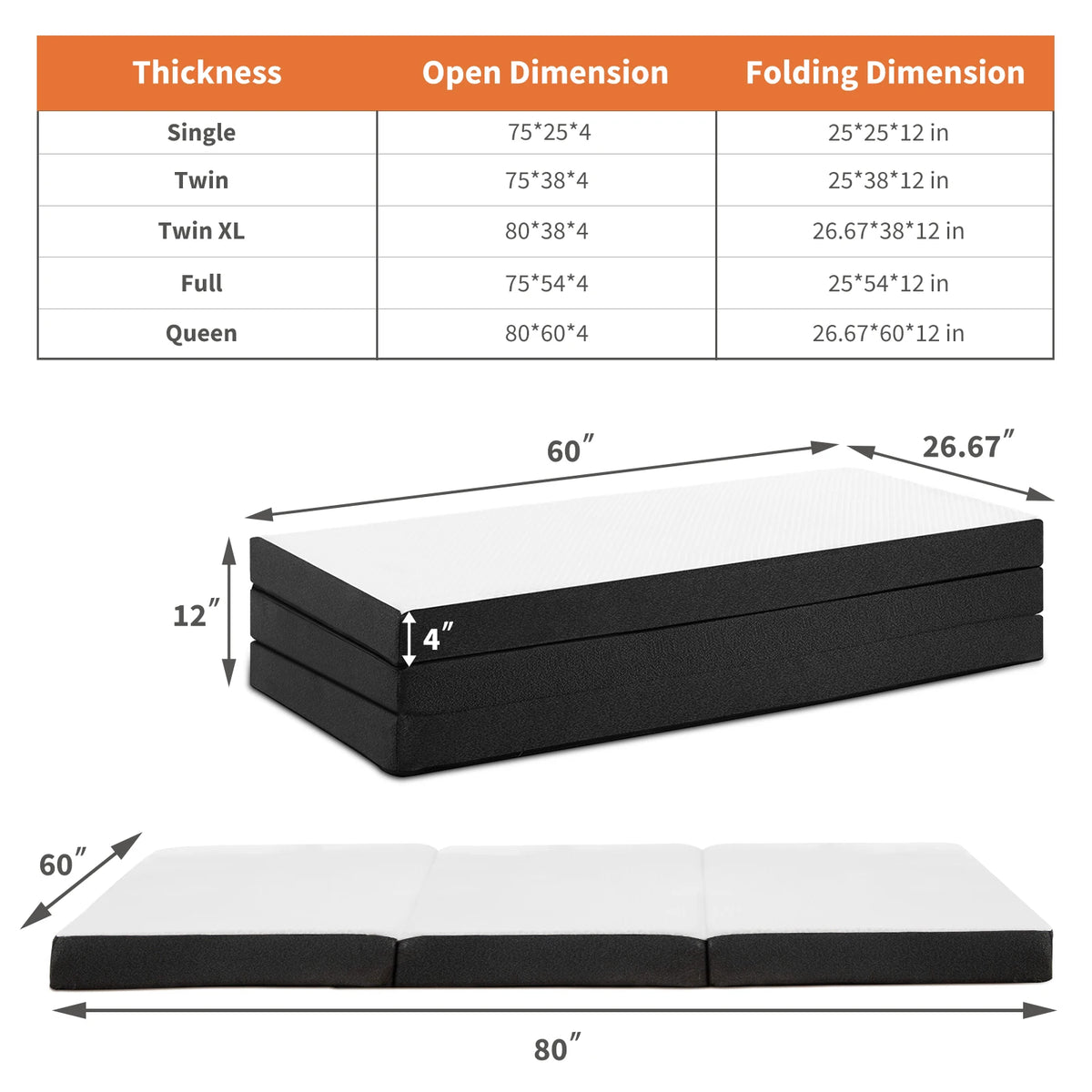 A diagram showing the dimensions and folding options for a tri-fold memory foam mattress.