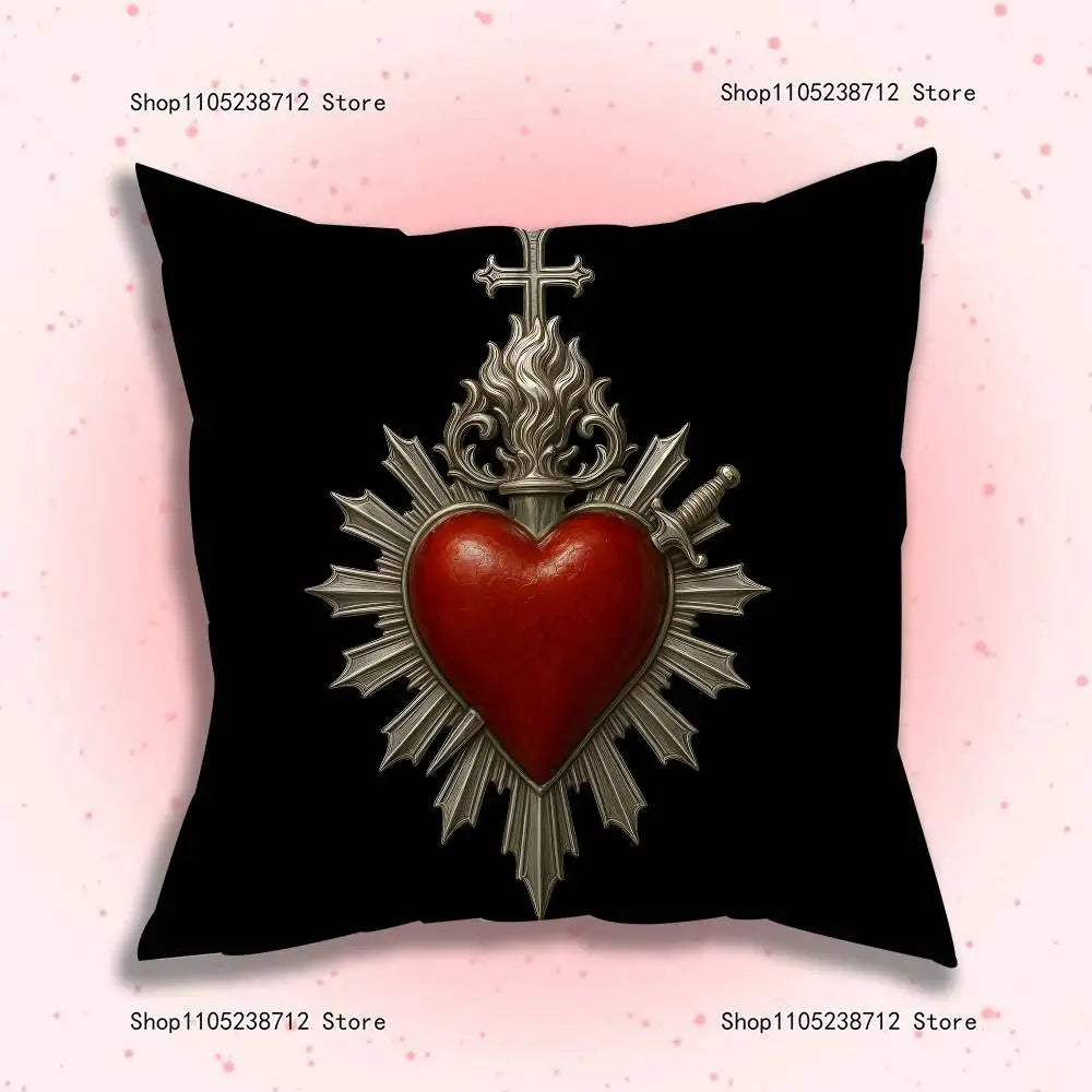 A black throw pillow cover featuring a silver heart sigil with a cross design.