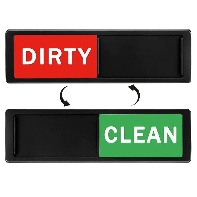 Magnetic dish indicator showing two panels labeled DIRTY in red and CLEAN in green.