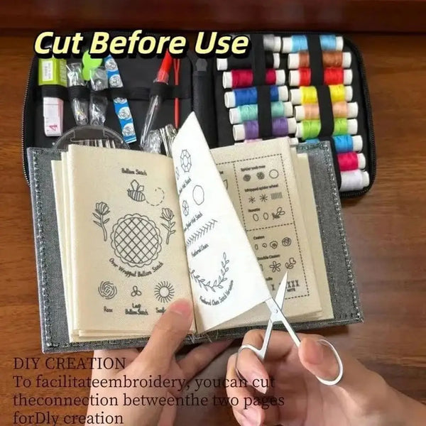A hand cuts the connection between two pages of a comprehensive embroidery stitch book kit for DIY creation.