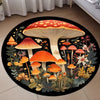 A round rug featuring a detailed illustration of various orange and yellow mushrooms on a black background.