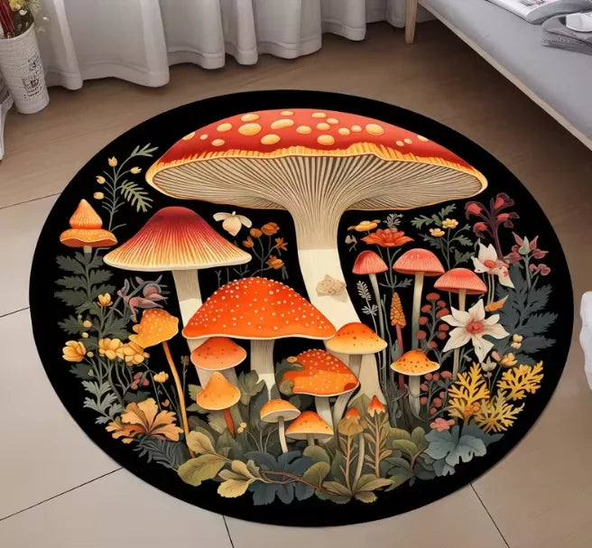 A round rug featuring a detailed illustration of various orange and yellow mushrooms on a black background.