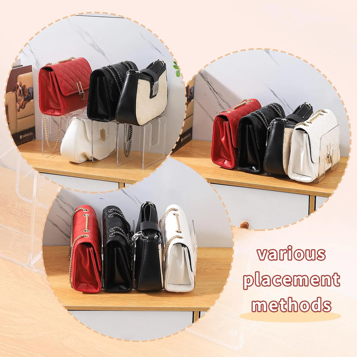 A set of four clear plastic storage organizers for shoes in red, black, and white.