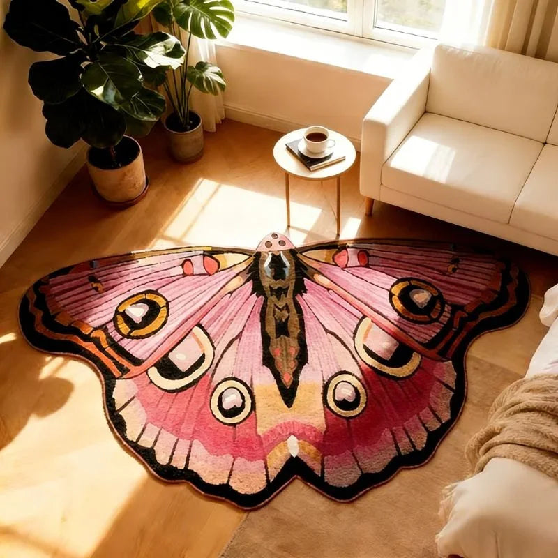 A pink and black irregular shaped plush floor rug is displayed on a wooden floor next to a window.