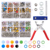 A kit of heavy duty metal snap fasteners, including various sizes and colors, along with pliers and assorted rings.