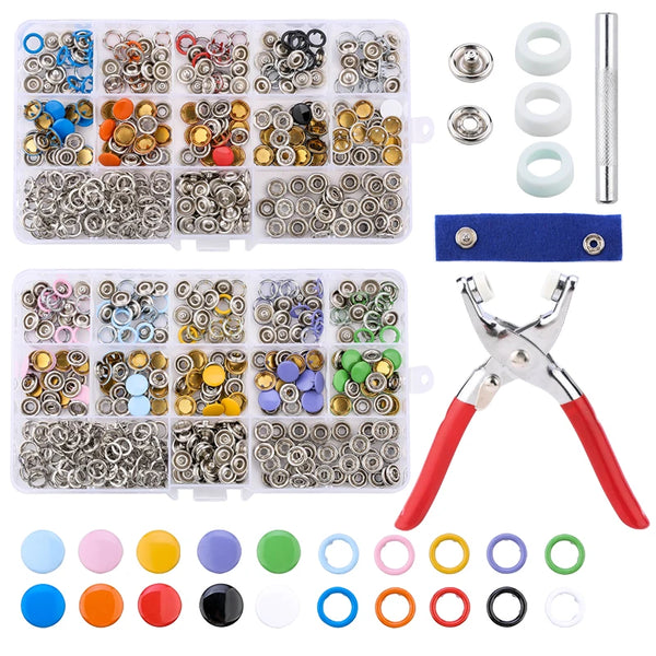 A kit of heavy duty metal snap fasteners, including various sizes and colors, along with pliers and assorted rings.