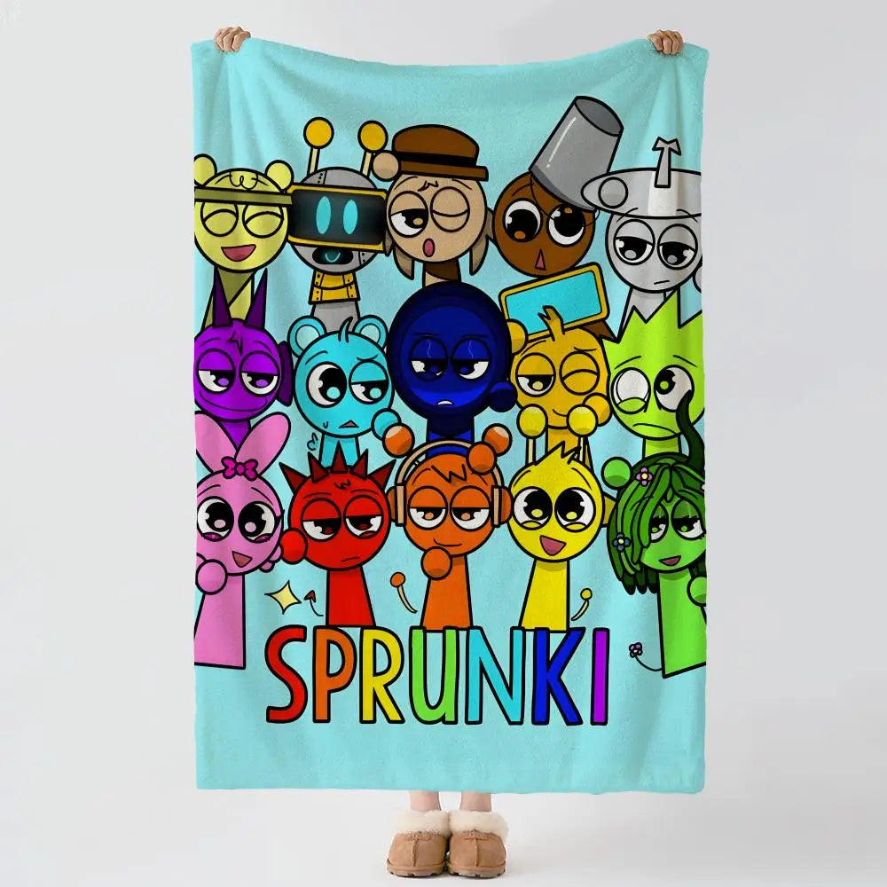 A teal flannel blanket featuring cartoon characters from Incredibox, including Spunky.