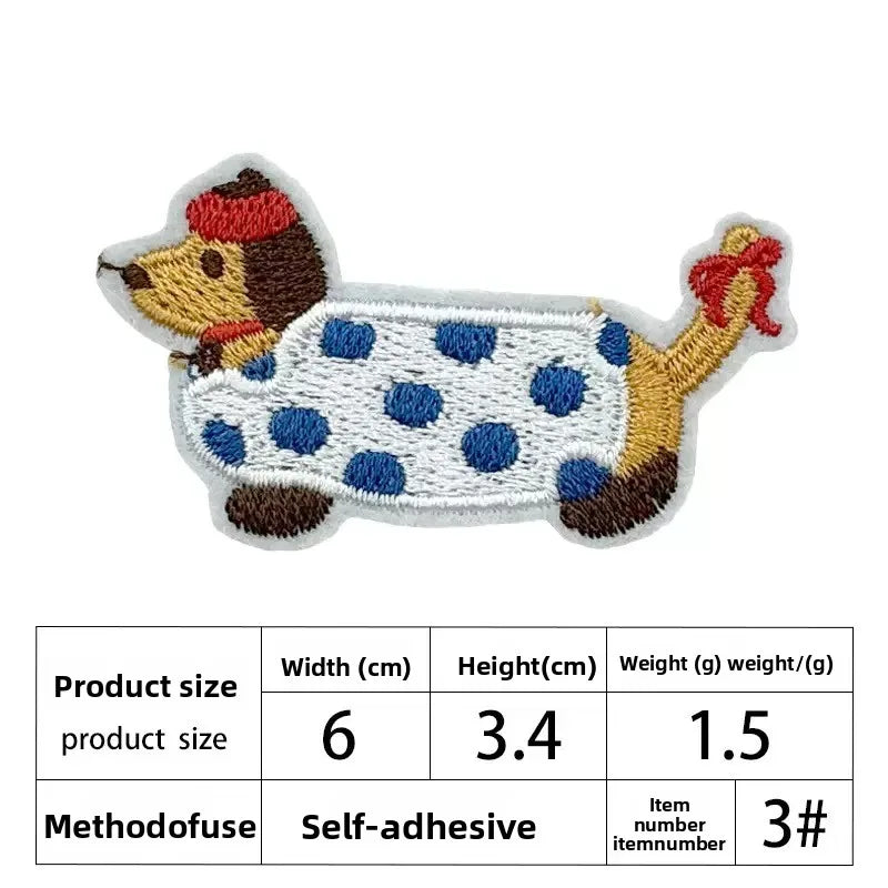 An embroidered patch of a dog with brown and white fur and a red ear.