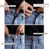 Demonstration of installing silicone ring buttons onto original buttons for flexible waist extenders on jeans.