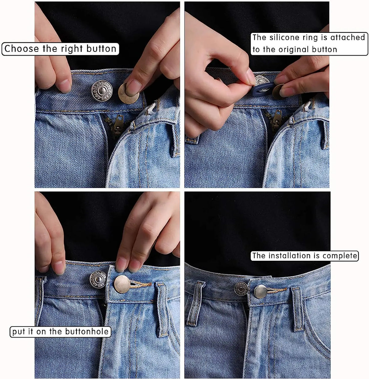 Demonstration of installing silicone ring buttons onto original buttons for flexible waist extenders on jeans.