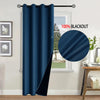 Dark blue blackout curtains hanging in a window frame with a circular graphic indicating 100% blackout.
