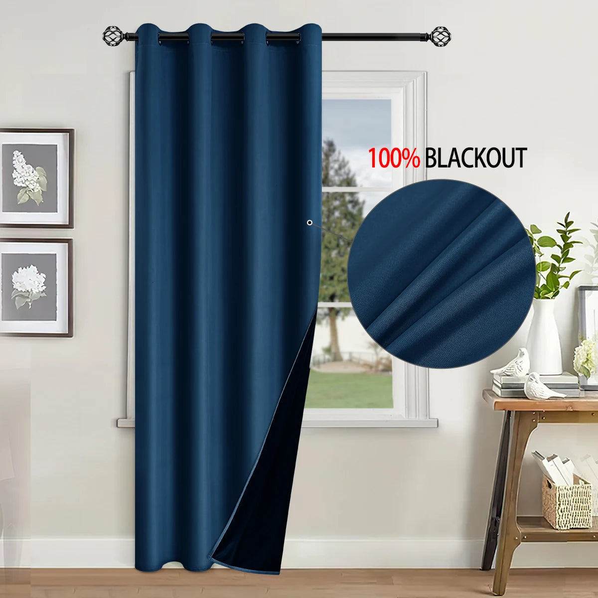 Dark blue blackout curtains hanging in a window frame with a circular graphic indicating 100% blackout.