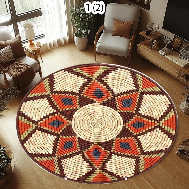A round bohemian style decorative carpet with geometric patterns in shades of orange, brown, and cream on a wooden floor.