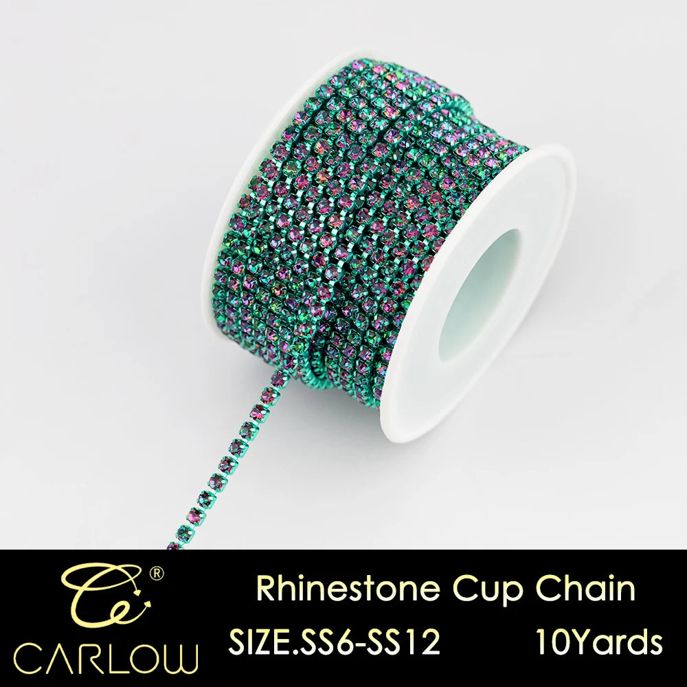 A spool of multi-color glass rhinestone cup chain, size SS6-SS12, measuring 10 yards.