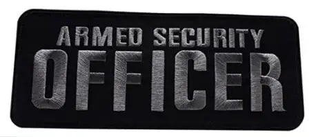 Black embroidered security officer patch with silver lettering on a dark background