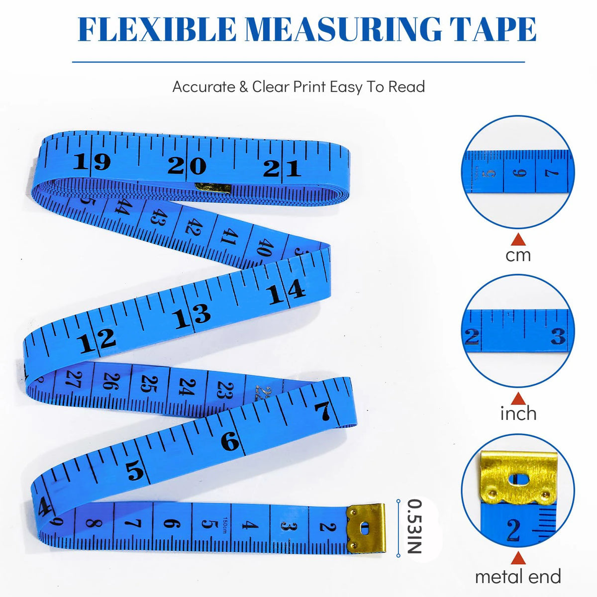 A set of two blue flexible measuring tapes showing various inch and centimeter markings.