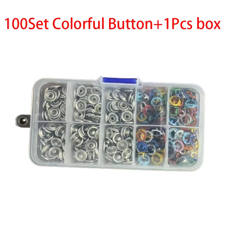 A clear plastic box containing a set of 100 colorful metal sewing buttons.