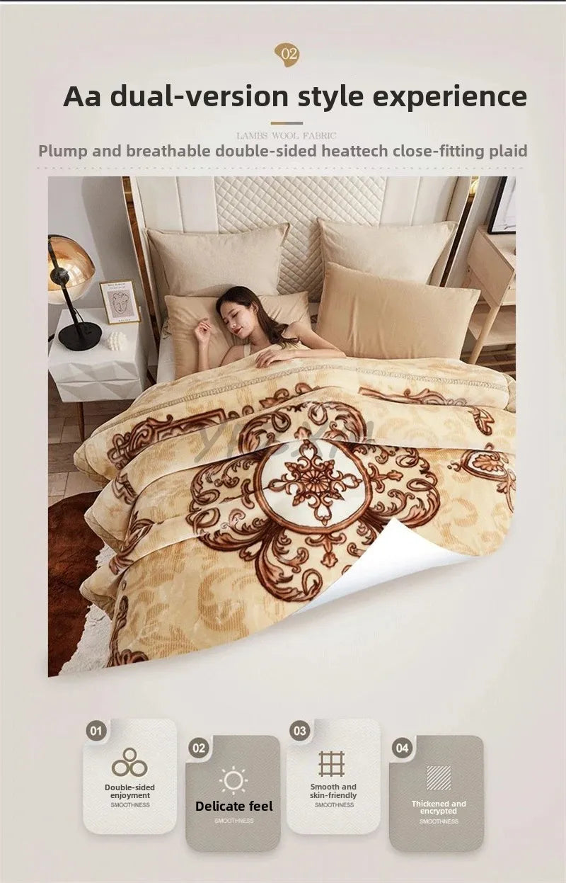 A double-sided, close-fitting plaid blanket in beige and brown tones is shown being used for a cozy sleep experience.