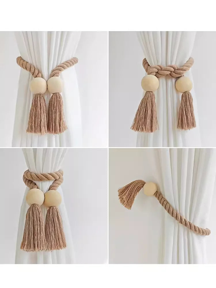 Set of hand-woven wooden curtain tiebacks in natural beige and brown tones