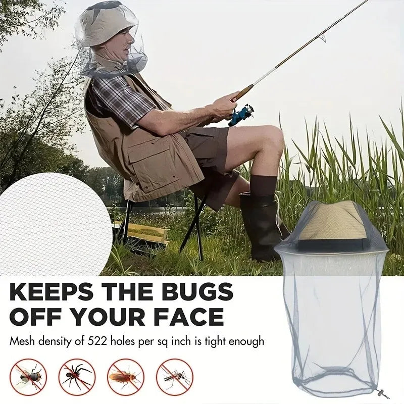A person is using an extra large mosquito net with a face mask to keep bugs off their face.
