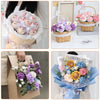 A bouquet of pink and purple flowers arranged in a woven basket and wrapped in blue paper