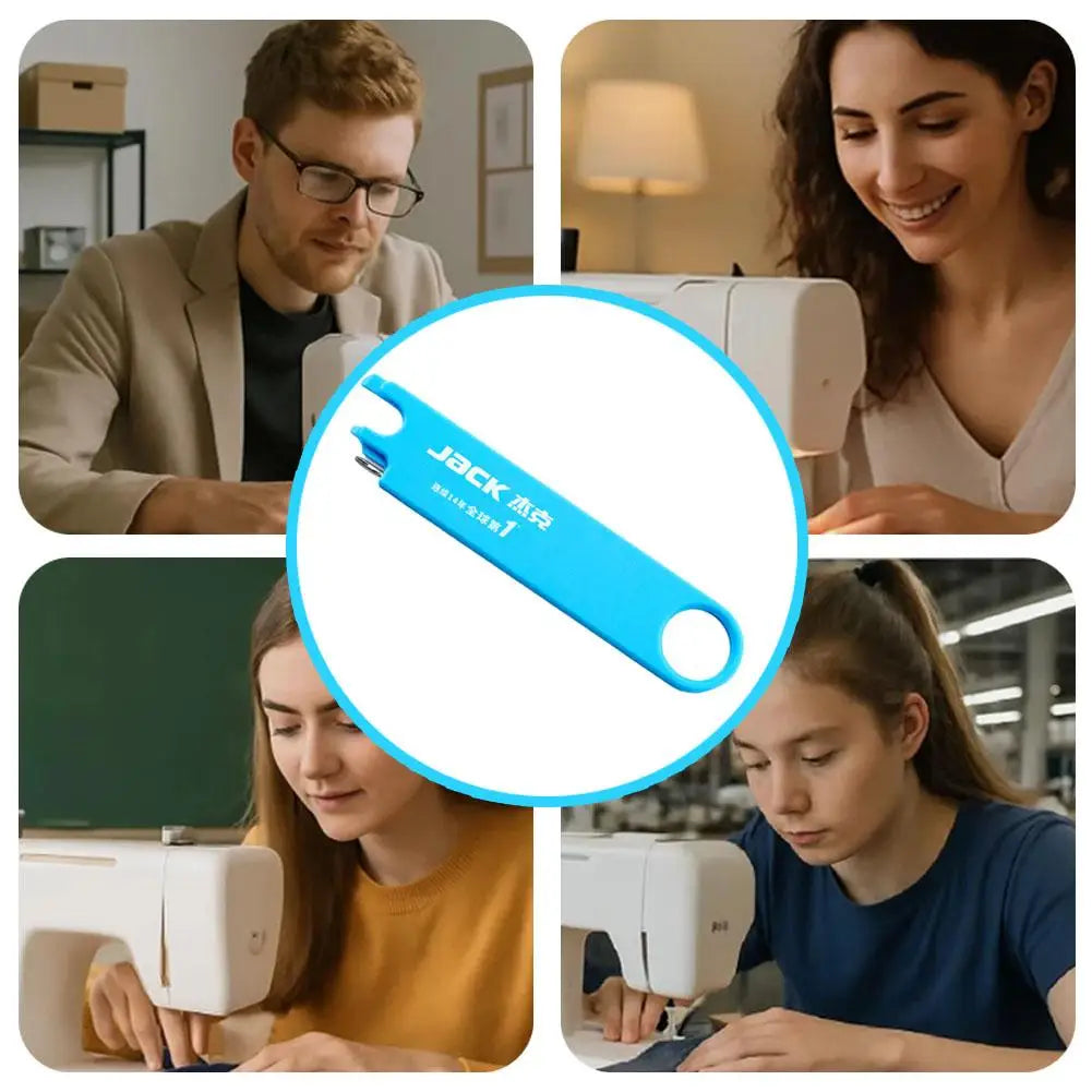 A blue 3-in-1 sewing machine needle threader with a magnifier and ruler is shown in various contexts.