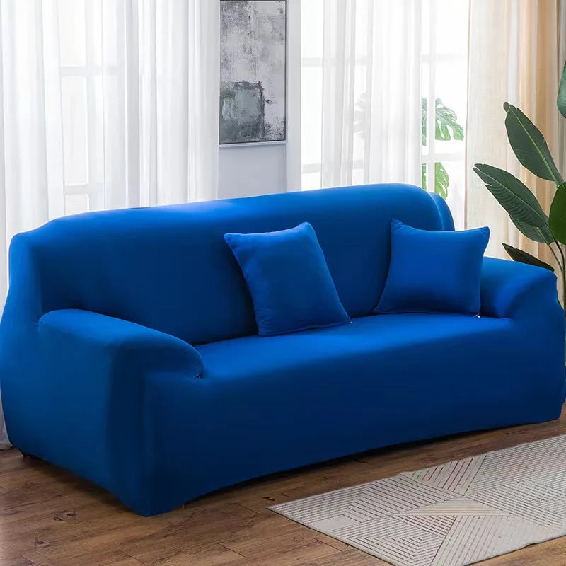 A vibrant blue stretch sofa cover with two matching pillows placed in a bright living room setting.
