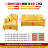 Yellow L-shape sofa slipcover with anti-scratch protection showing measurements for 2 pieces