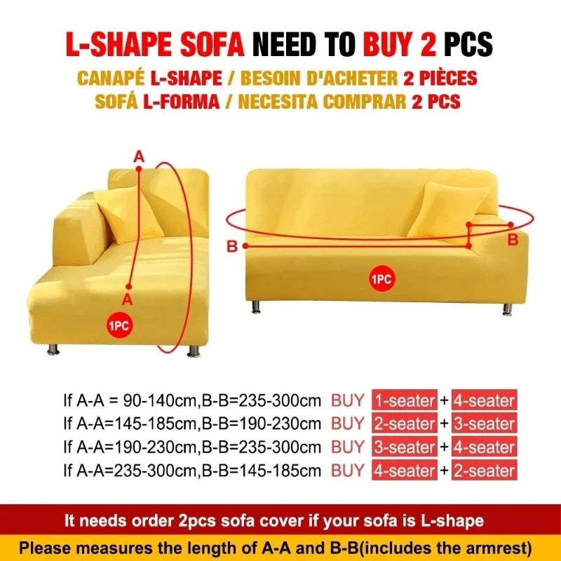 Yellow L-shape sofa slipcover with anti-scratch protection showing measurements for 2 pieces