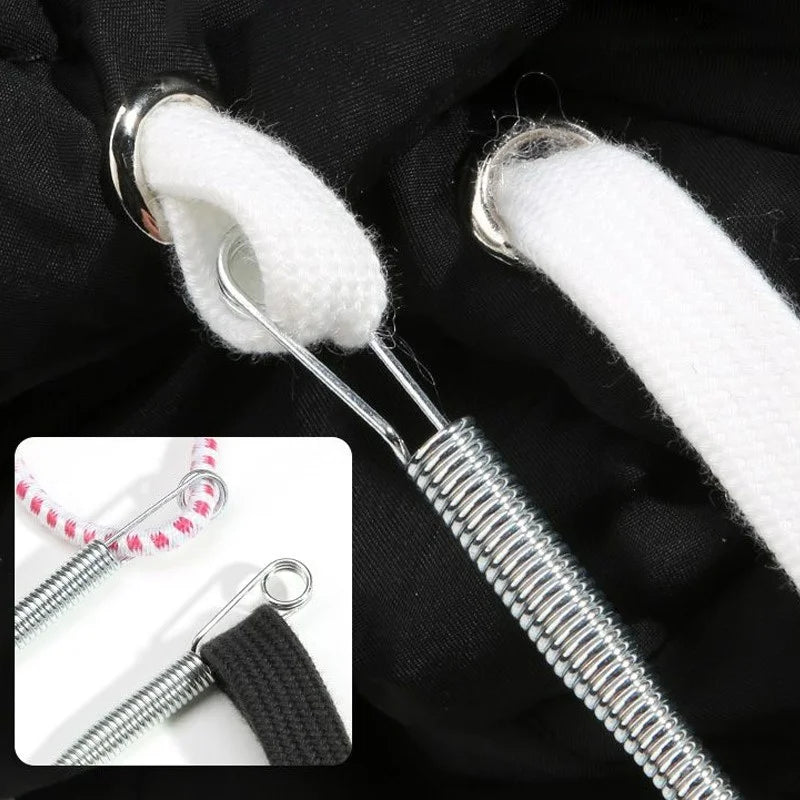 Stainless steel rope threading and drawstring tool set with white cord and black fabric