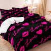 Black duvet cover featuring a pink love print with hearts and lips on a white background.