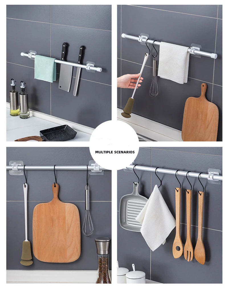 A collection of nail-free adjustable curtain rod hooks displaying various kitchen tools like spatulas, graters, and wooden bo