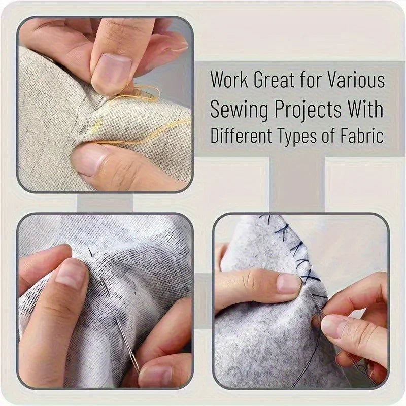 Hands demonstrate sewing projects using a kit for various fabrics, including textiles and wool.