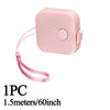 Pink retractable double-sided measurement tape with a pink cord and white clip