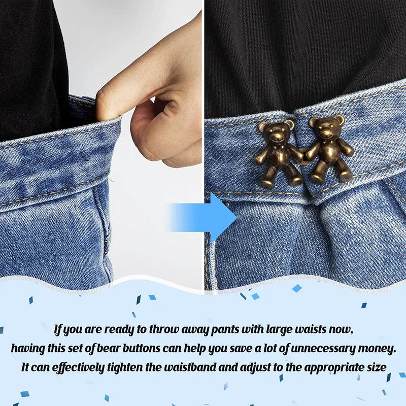 Close-up of bear button pins being used to adjust the waistband of blue denim jeans.