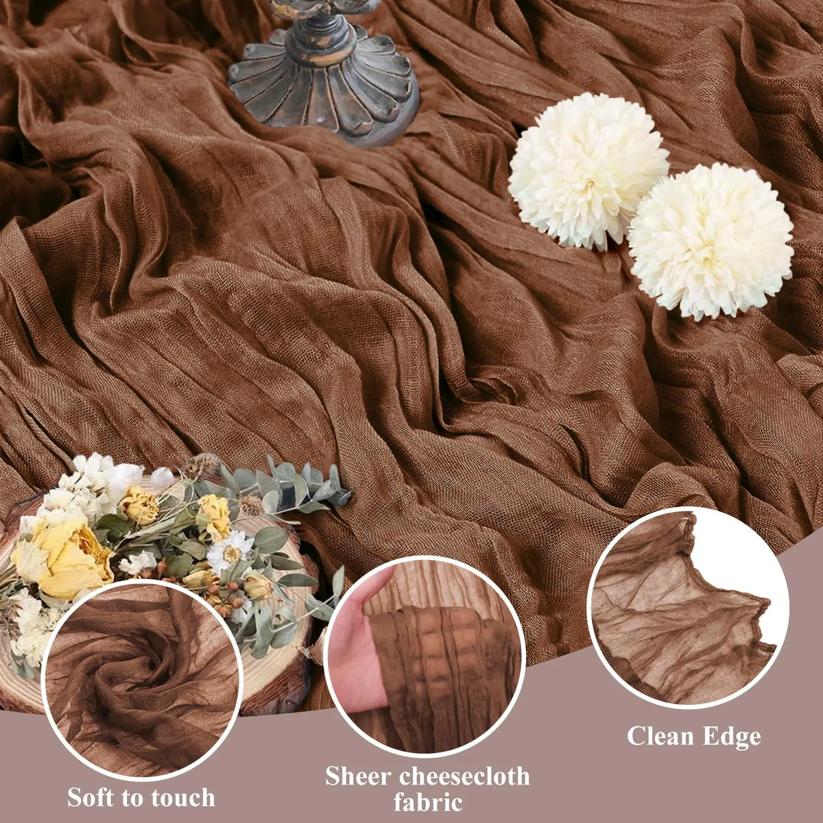 Boho brown cheesecloth fabric draped on a surface with decorative elements and a gold object.