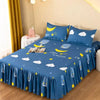 A set of three blue fitted bed sheets with a light theme featuring clouds and yellow stars.