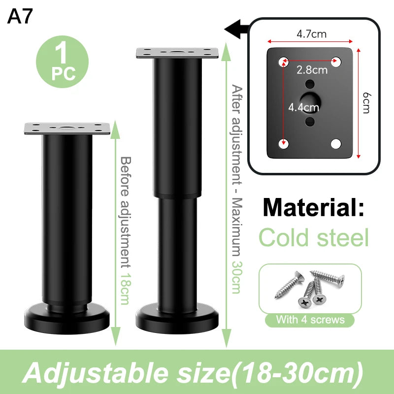 A set of adjustable cold steel furniture support legs shown before and after adjustment.