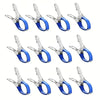 A set of six heavy-duty stainless steel pool cover clips in blue and silver.