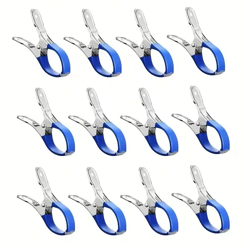 A set of six heavy-duty stainless steel pool cover clips in blue and silver.