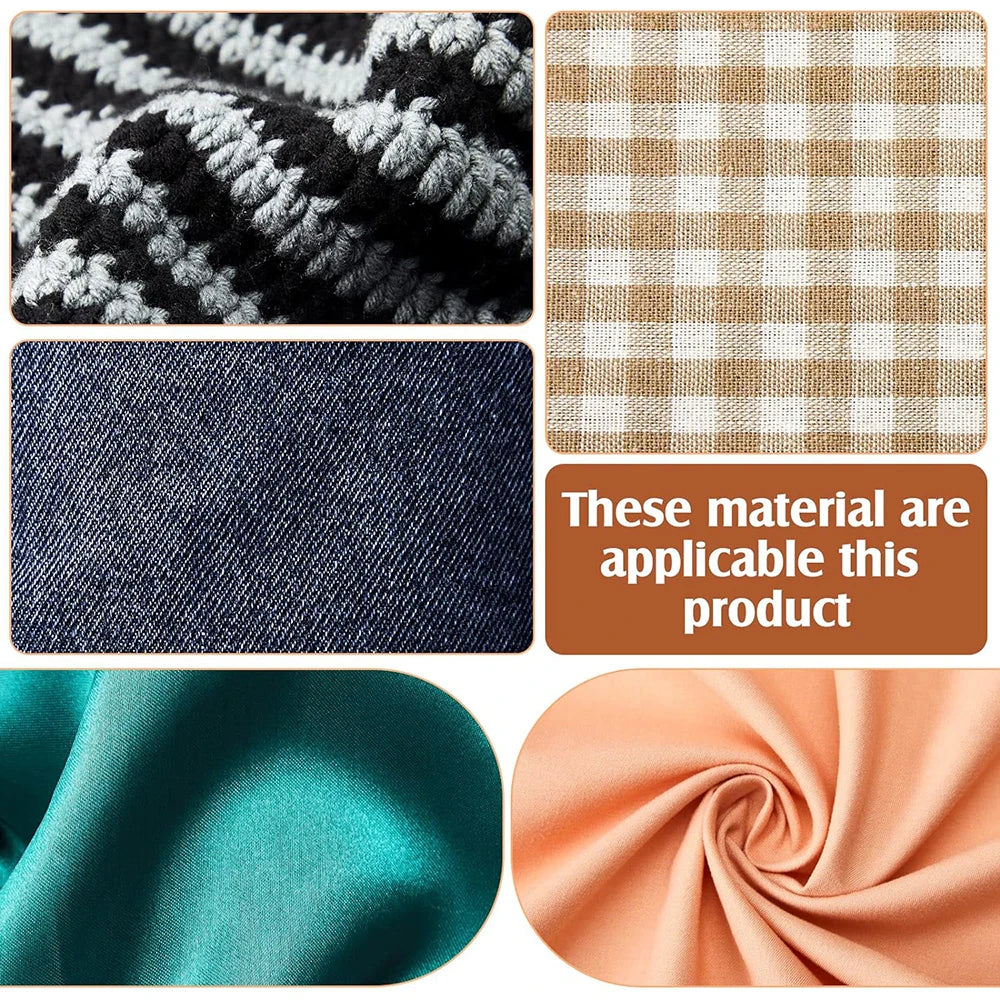 A collage showing various materials including black and gray knitted fabric, dark denim, teal satin, and peach satin.