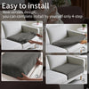 A four-step process showing how to install plush stretch sofa seat cushion covers on a white sofa.
