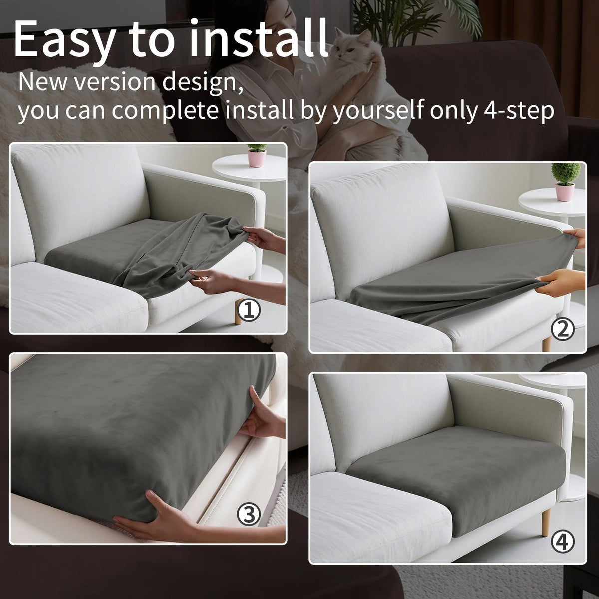 A four-step process showing how to install plush stretch sofa seat cushion covers on a white sofa.