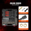 A black tool kit with various colored and sized threads for easy identification and storage.