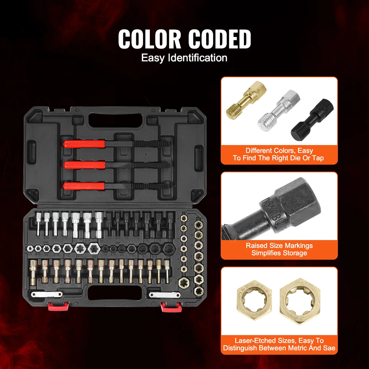A black tool kit with various colored and sized threads for easy identification and storage.