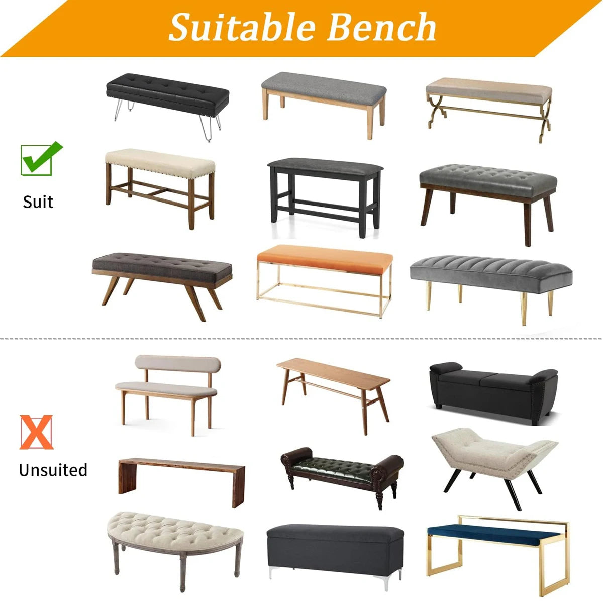 A collection of various suitable benches and seating options including wooden, metal, and upholstered designs.